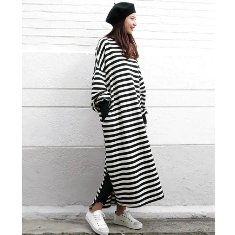 Fashionable Striped Long Sleeve Split Loose Dress