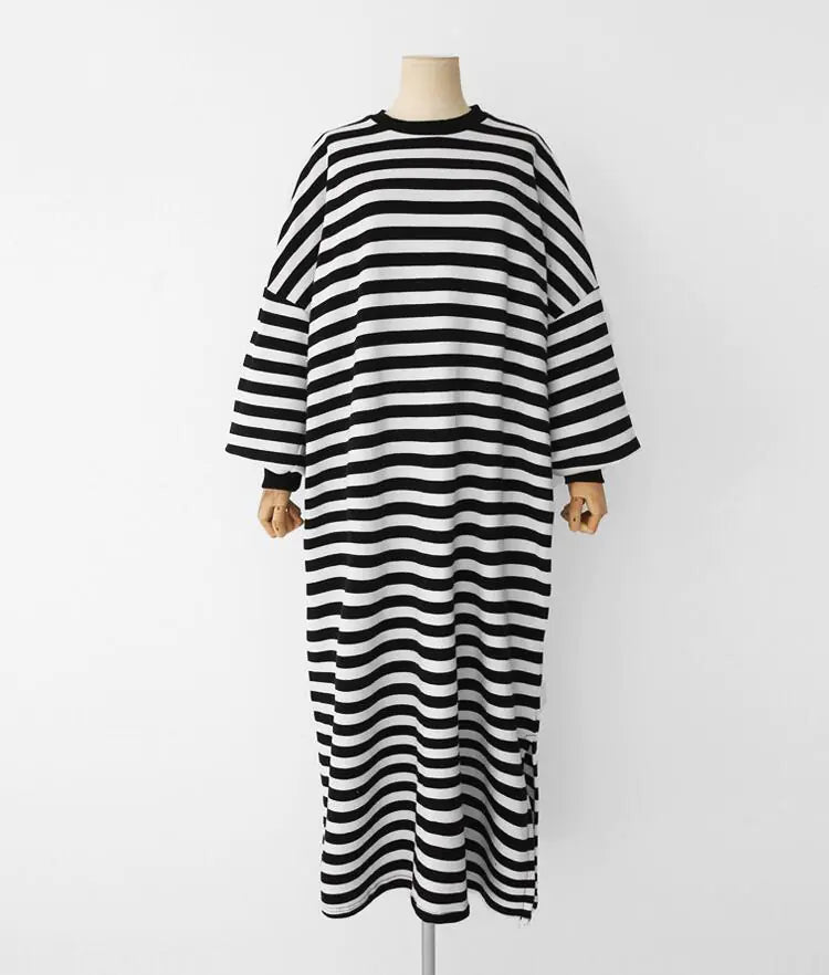 Fashionable Striped Long Sleeve Split Loose Dress