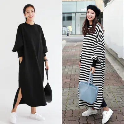 Fashionable Striped Long Sleeve Split Loose Dress