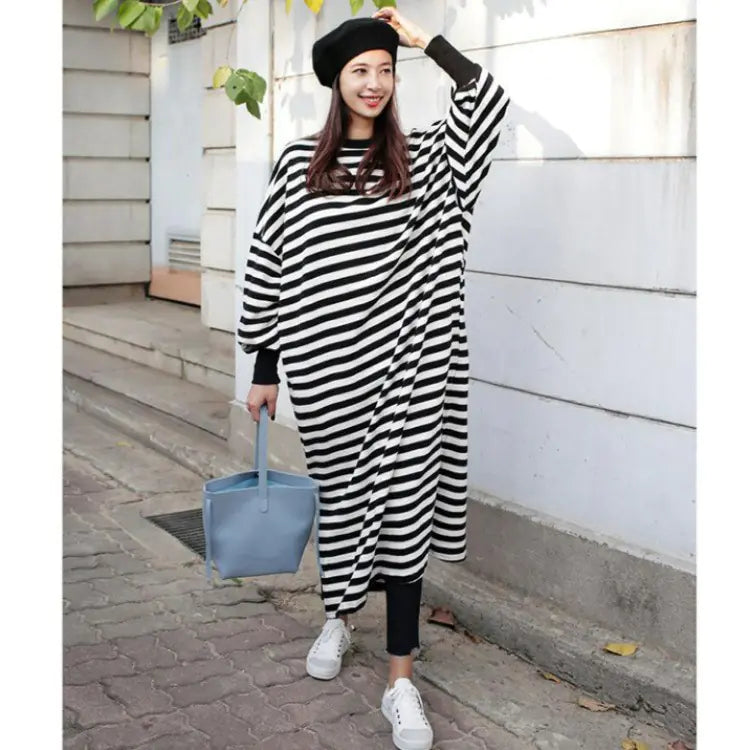 Fashionable Striped Long Sleeve Split Loose Dress