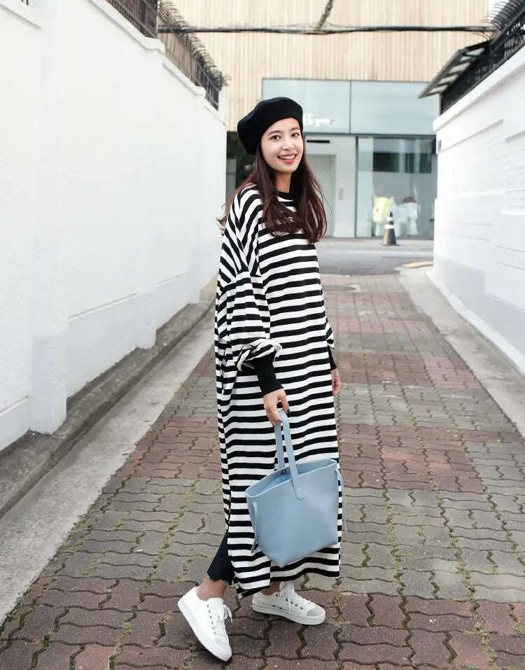 Fashionable Striped Long Sleeve Split Loose Dress